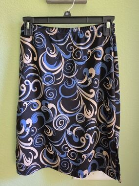 A. Byer Black A-Line Skirt with Blue & Cream Swirl Print